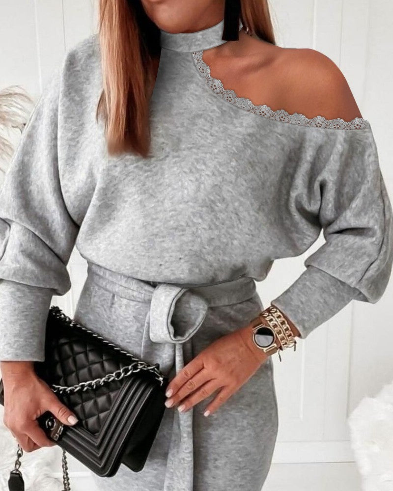 Lace Trim Cold Shoulder Belted Long Sleeve Dress