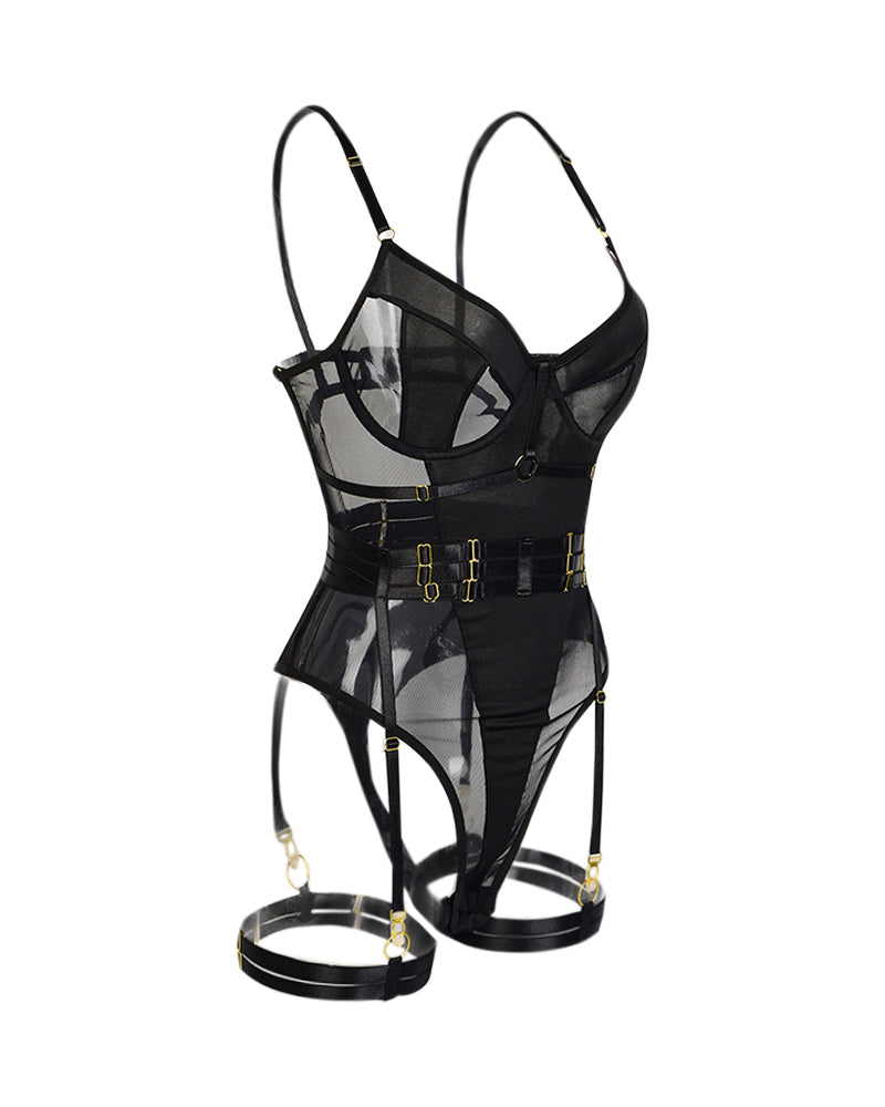 Sheer Mesh Patch Teddy With Garter Belt And Leg Rings
