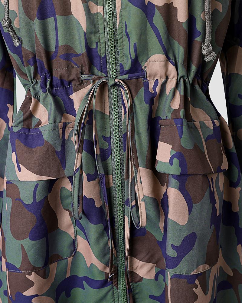 Camouflage Print Drawstring Hooded Coat