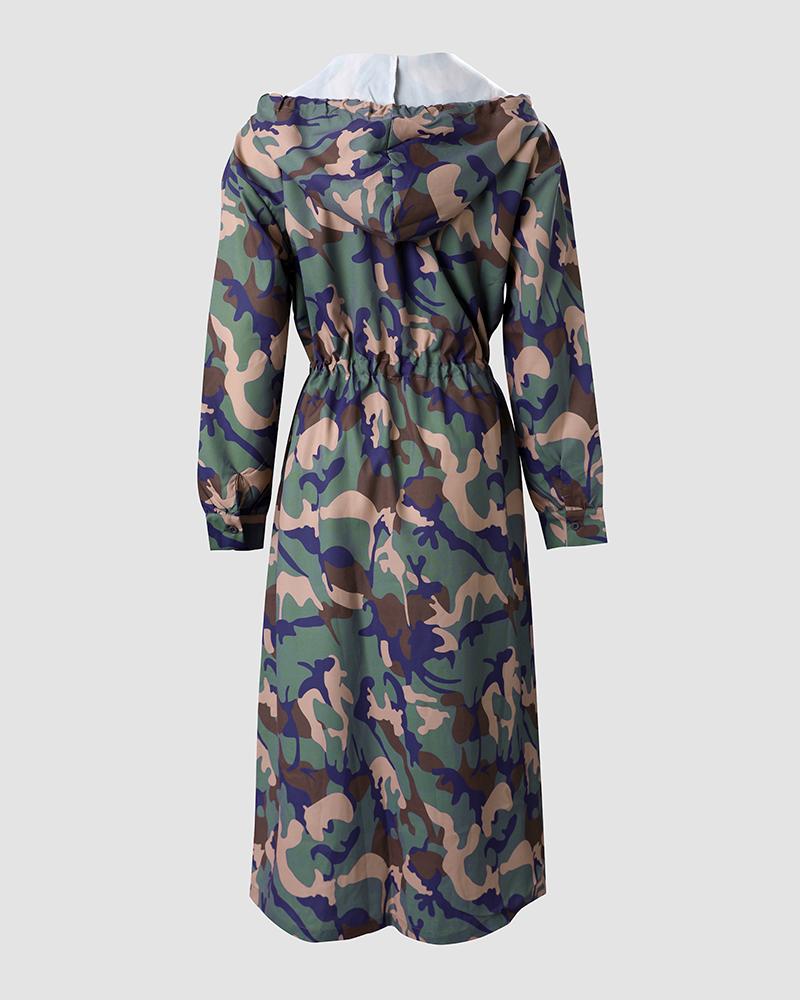 Camouflage Print Drawstring Hooded Coat