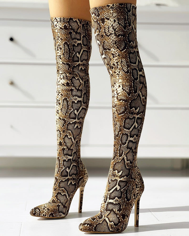 Snakeskin Print Thin Heeled Thigh High Boots