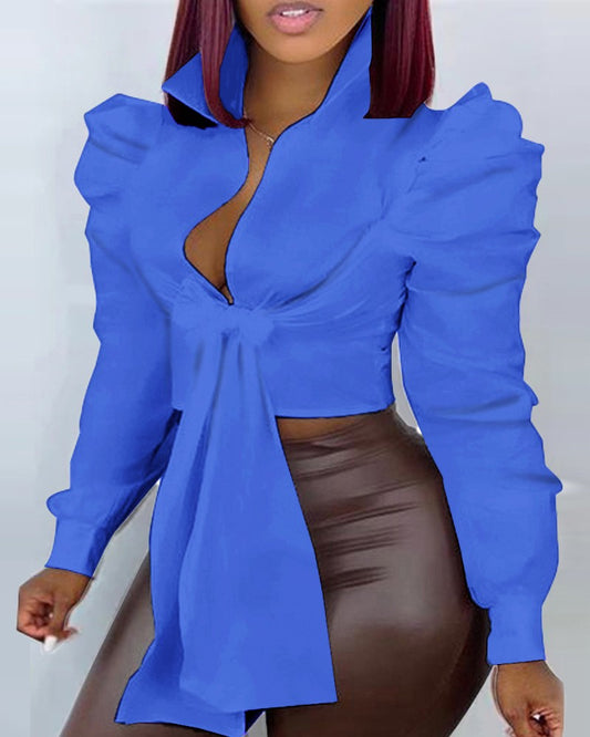 Buttoned Puff Sleeve Tied Detail Top