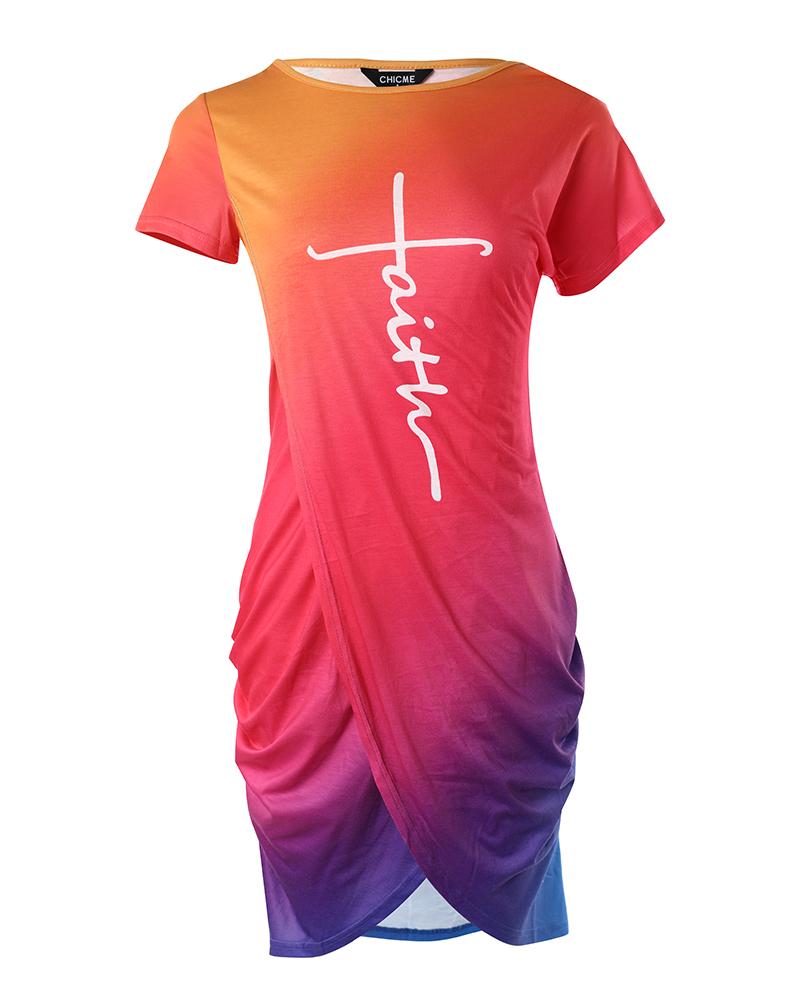 Faith Print Ombre Overlap Casual Dress