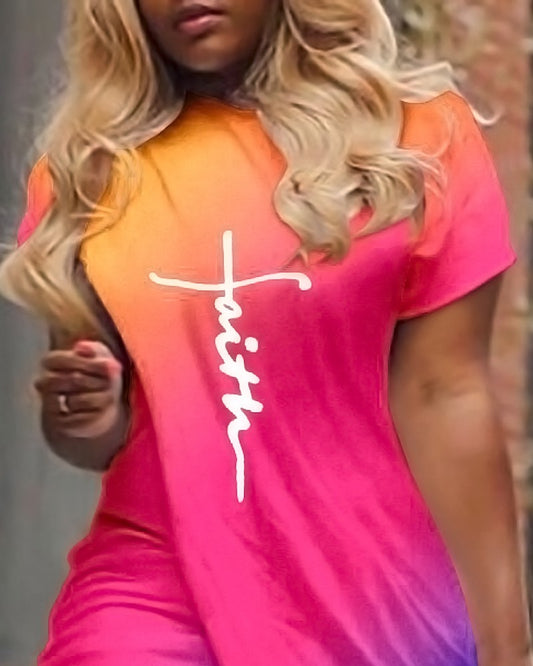 Faith Print Ombre Overlap Casual Dress