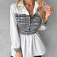 Houndstooth Print Patchwork Belted Ruched Top