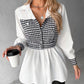 Houndstooth Print Patchwork Belted Ruched Top