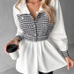 Houndstooth Print Patchwork Belted Ruched Top