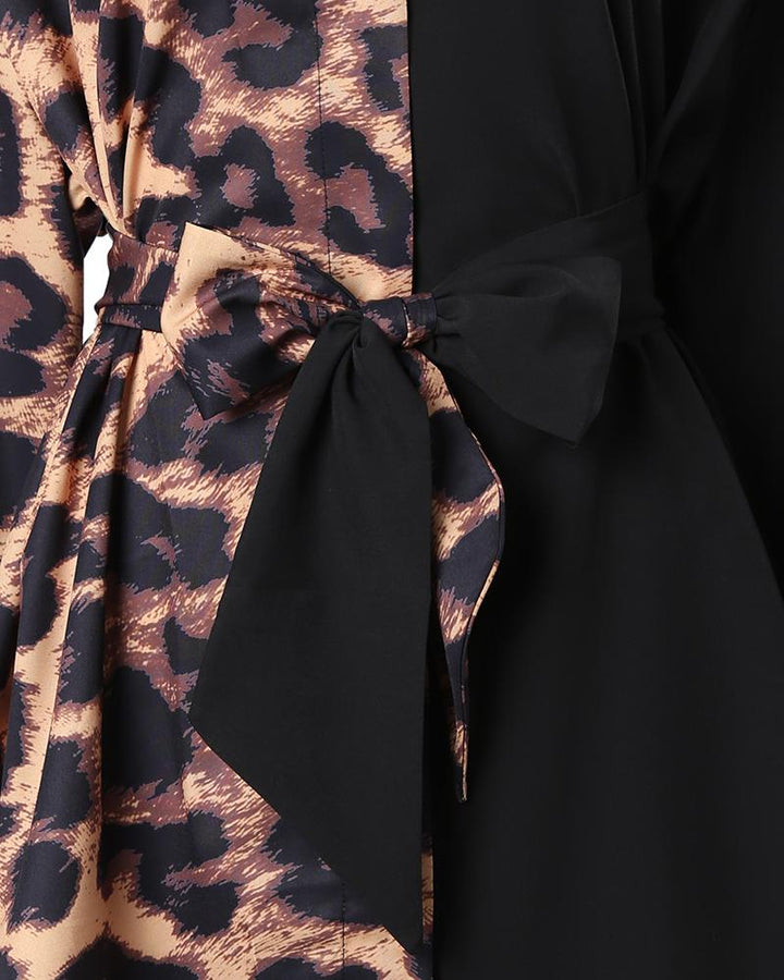 Leopard Print Lantern Sleeve Belted Shirt Dress