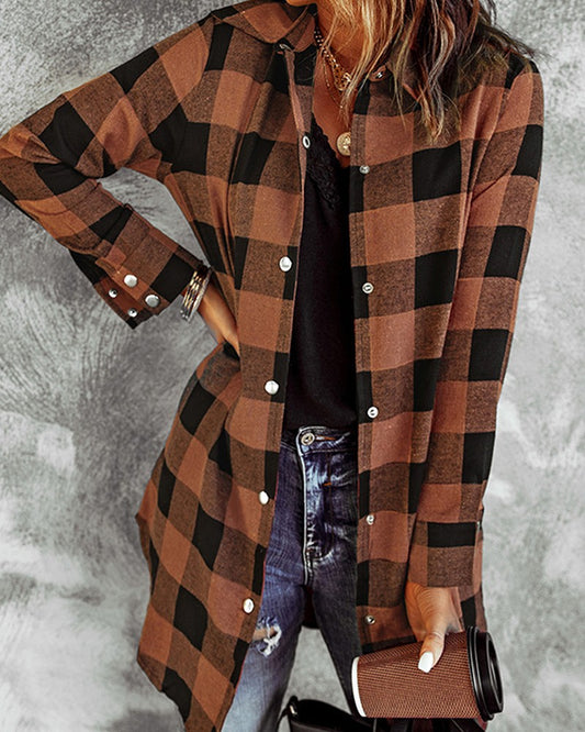 Plaid Print Buttoned Long Sleeve Shacket