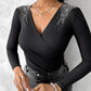 Rhinestone Ruched Overlap Long Sleeve Top