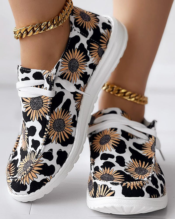 Sunflower Cow Print Lace up Casual Slip On