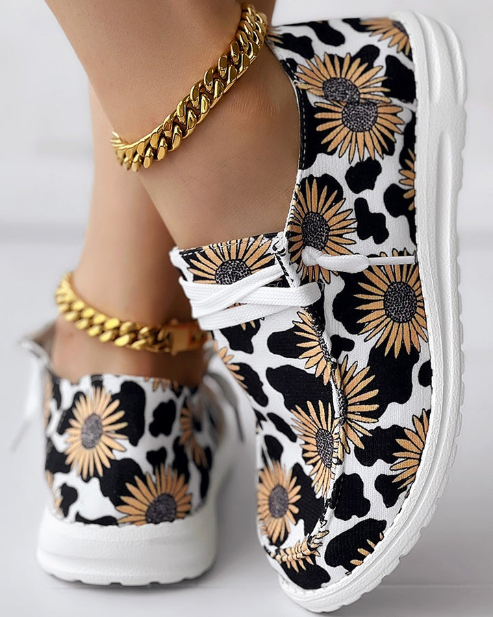 Sunflower Cow Print Lace up Casual Slip On