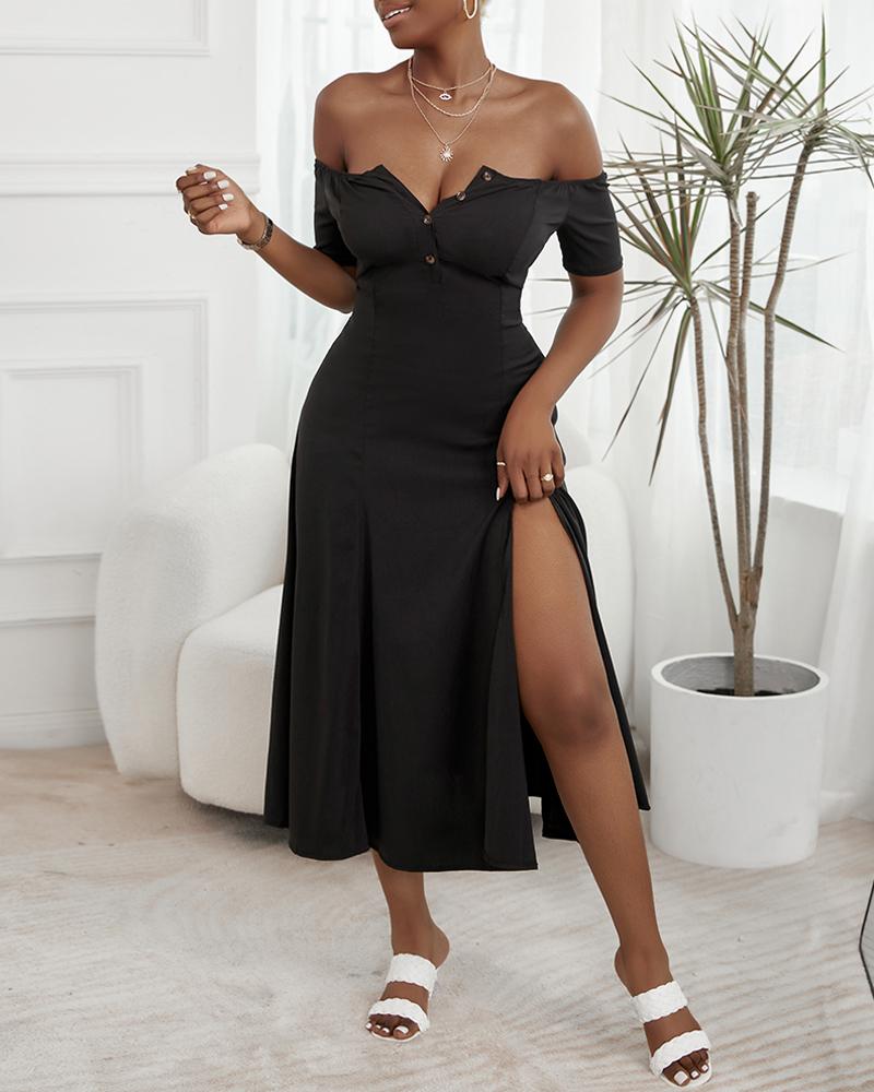 Off Shoulder Button Front High Slit Dress