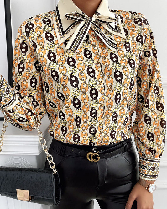 Tie Neck Graphic Print Long Sleeve Blouse