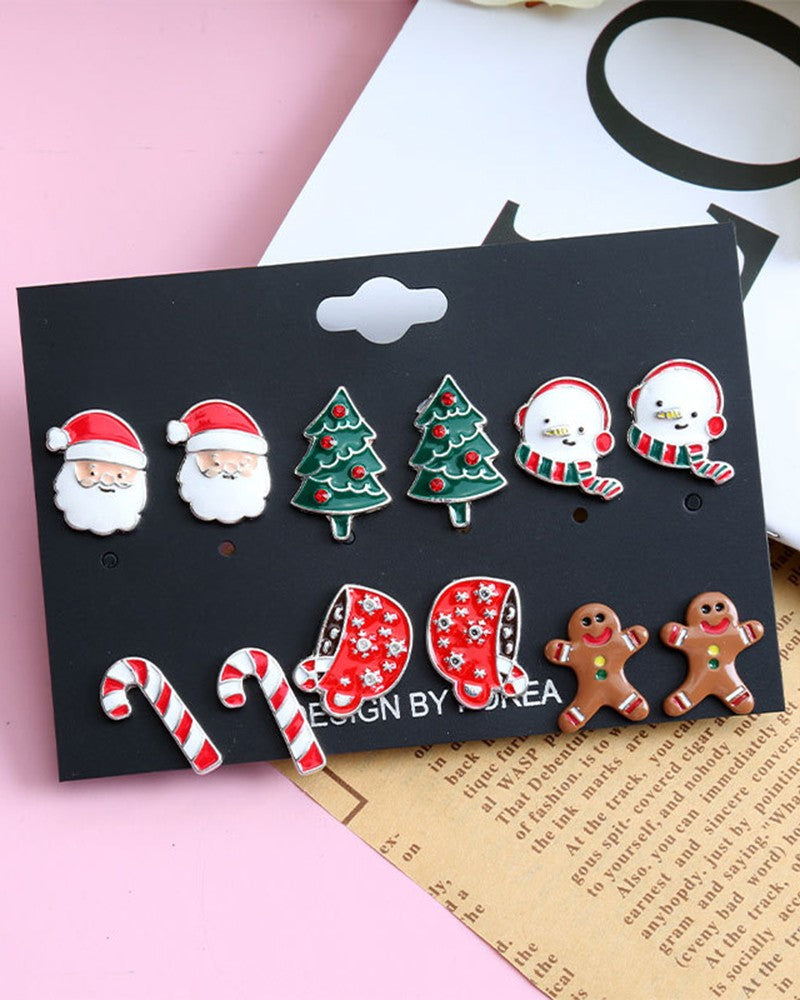 6Pairs Christmas Santa Claus Gingerbread Man Shaped Stud Earrings Set