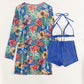 Halter Textured Bikini Top & Shorts Set With Floral Tropical Print Coat
