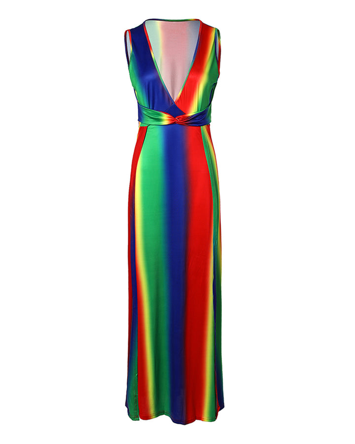 Tie Dye Print Plunge High Slit Sleeveless Maxi Dress