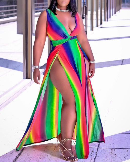 Tie Dye Print Plunge High Slit Sleeveless Maxi Dress