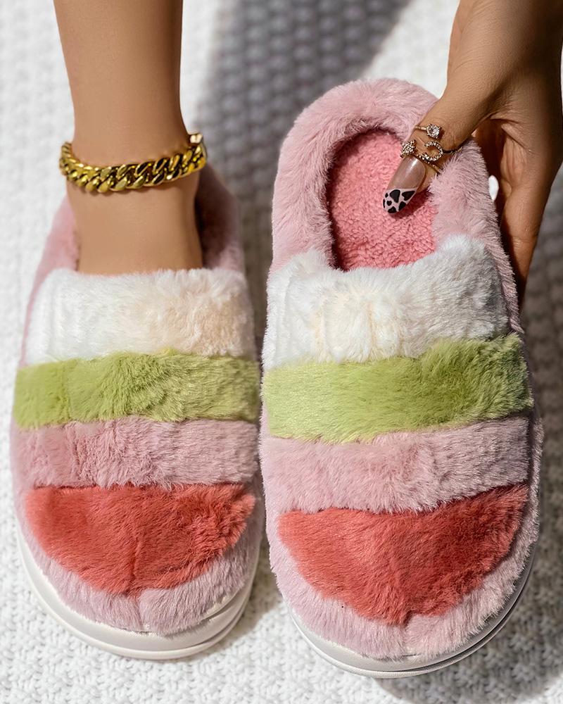 Colorblock Platform Fluffy Winter Thermal Slippers