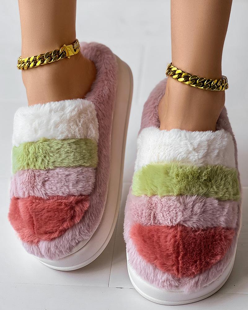 Colorblock Platform Fluffy Winter Thermal Slippers