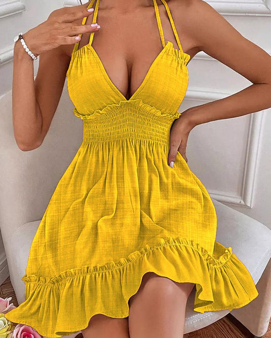 Ruffles Double Strap Halter Shirred Casual Dress