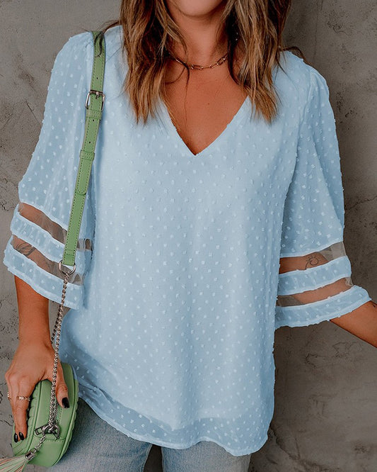 Bell Sleeve Contrast Mesh Swiss Dot Blouse