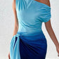Ombre Ruched Skew Neck Slit Party Dress