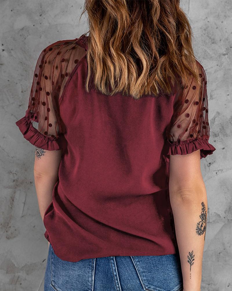 Dobby Mesh Short Sleeve Lace Trim V Neck Top