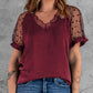 Dobby Mesh Short Sleeve Lace Trim V Neck Top