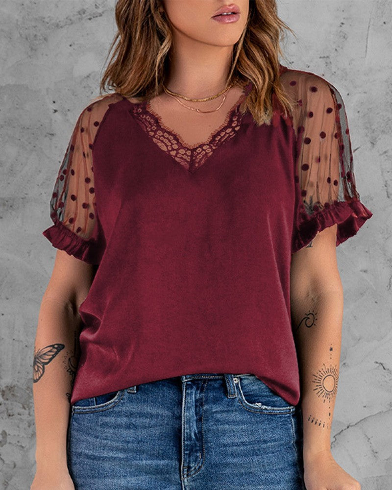 Dobby Mesh Short Sleeve Lace Trim V Neck Top