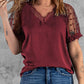 Dobby Mesh Short Sleeve Lace Trim V Neck Top