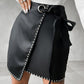 PU Leather Eyelet Tied Detail Studded Asymmetrical Skirt