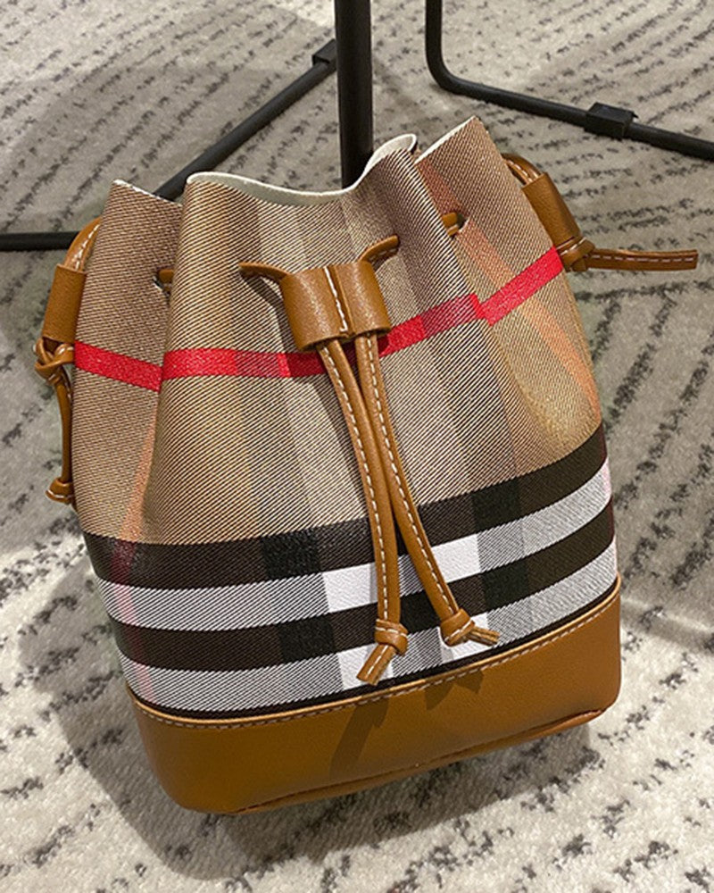 Plaid Print Drawstring Bucket Bag