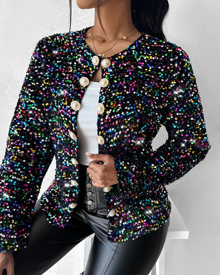 Colorful Allover Sequin Buttoned Coat