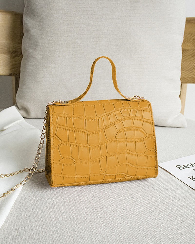 Croc Embossed Twist Lock Flap Satchel Bag