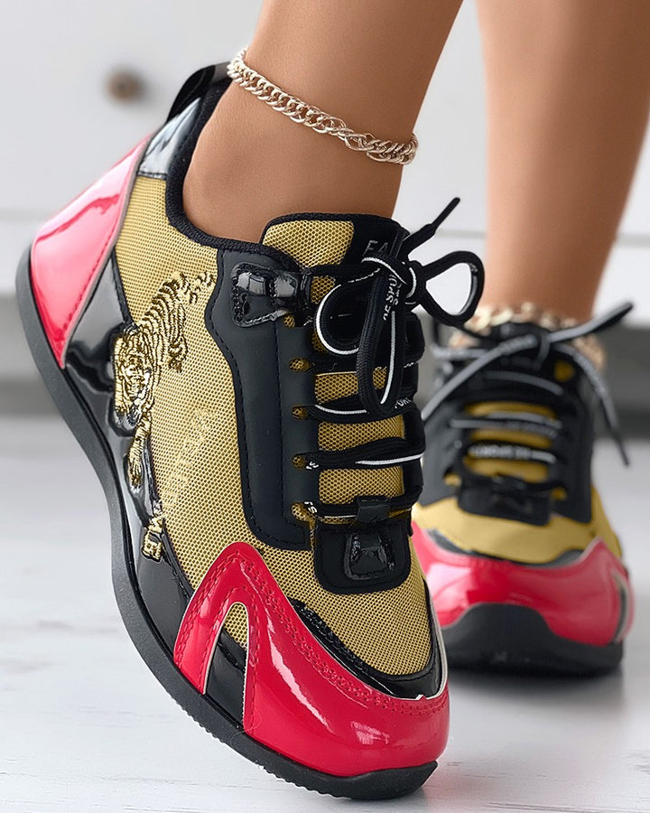 Tiger Embroidery Colorblock Lace up Sneakers
