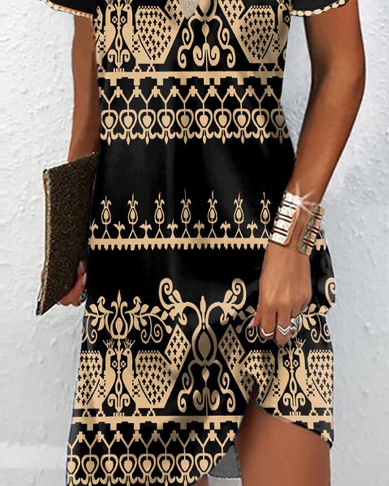 Tribal Print Petal Sleeve Casual Dress
