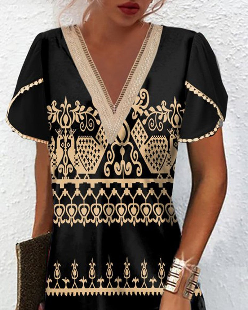 Tribal Print Petal Sleeve Casual Dress