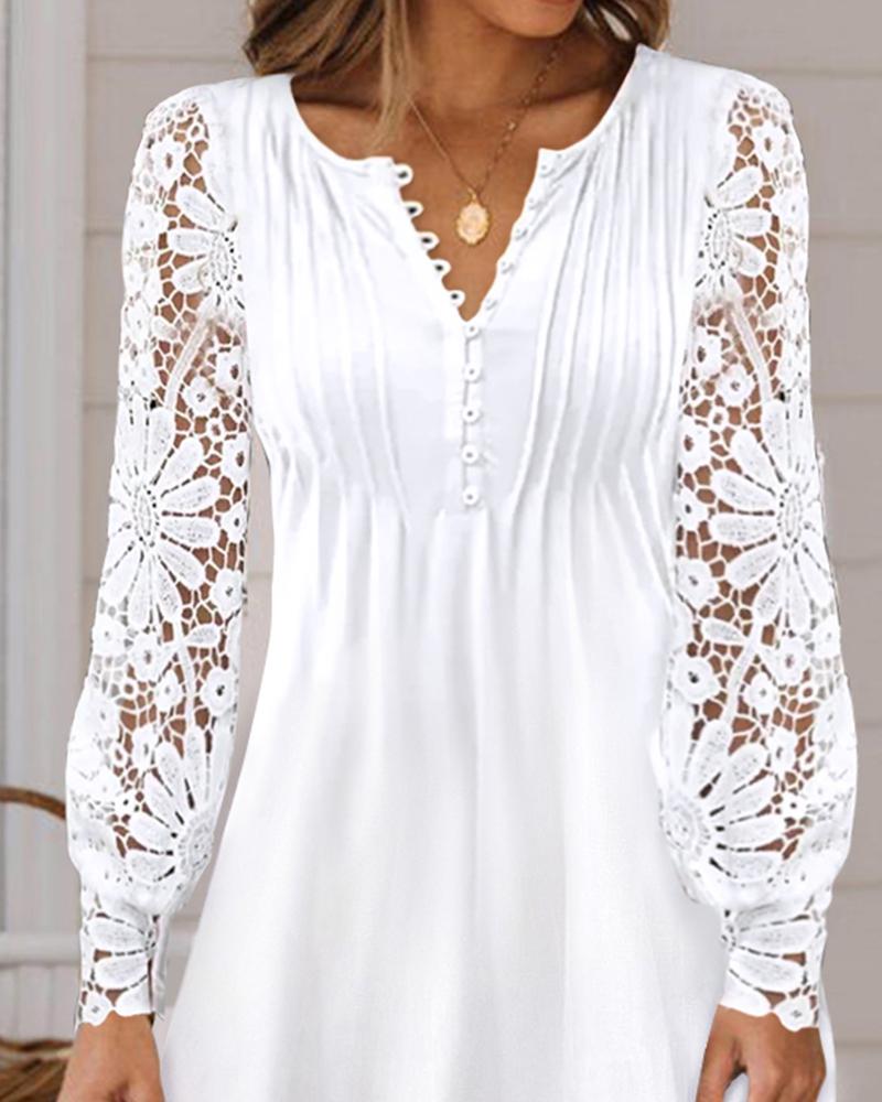 Contrast Lace Long Sleeve Casual Dress