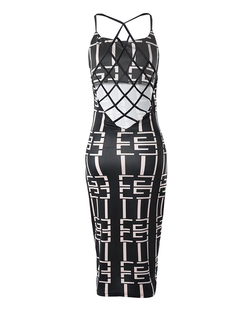 Geometric Print Fishnet Backless Bodycon Dress