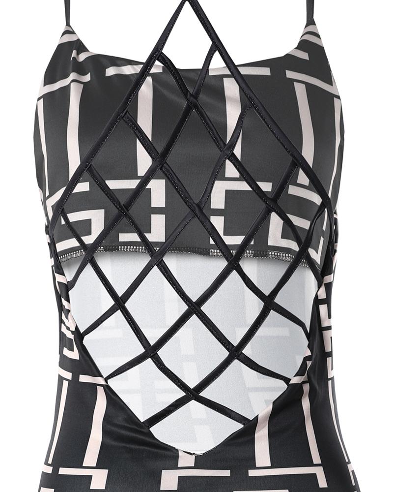 Geometric Print Fishnet Backless Bodycon Dress