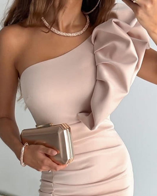 One Shoulder Ruffles Slit Party Dress
