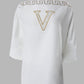 Rhinestone Embroidery Letter Lantern Sleeve Top