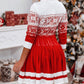 Christmas Snowflake Print Long Sleeve Pleated Dress