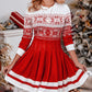Christmas Snowflake Print Long Sleeve Pleated Dress