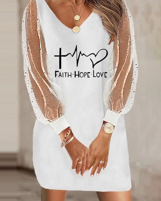Valentine's Day Heart Print Lantern Sleeve Sheer Mesh Casual Dress