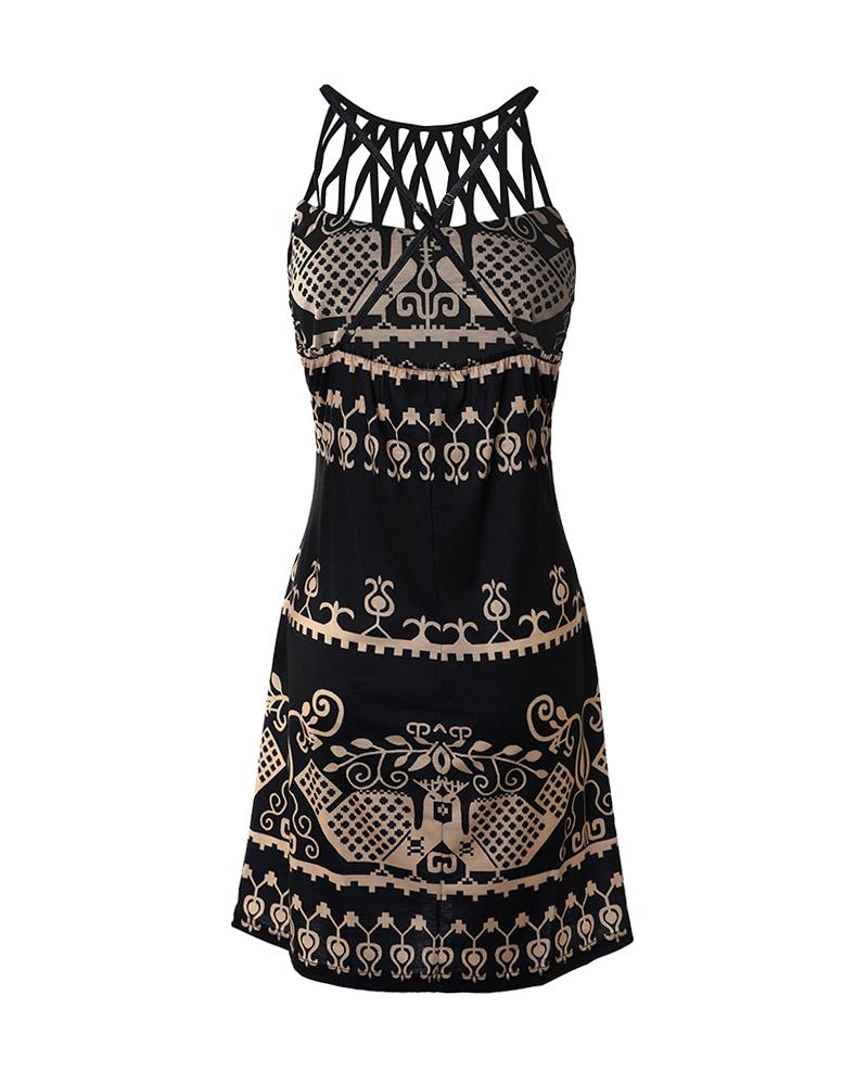 Vintage Tribal Print Hollow Out Sleeveless Casual Dress
