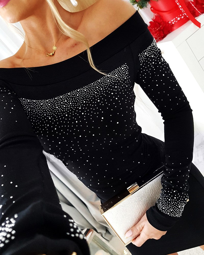 Rhinestone Off Shoulder Bodycon Dress