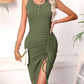 Rid Knitted Tank Sleeve Side Ruched Midi Dress