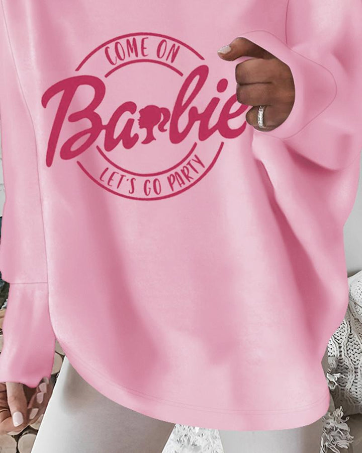 Come On Barbie Let's Go Party Print Cold Shoulder Chain Decor Top